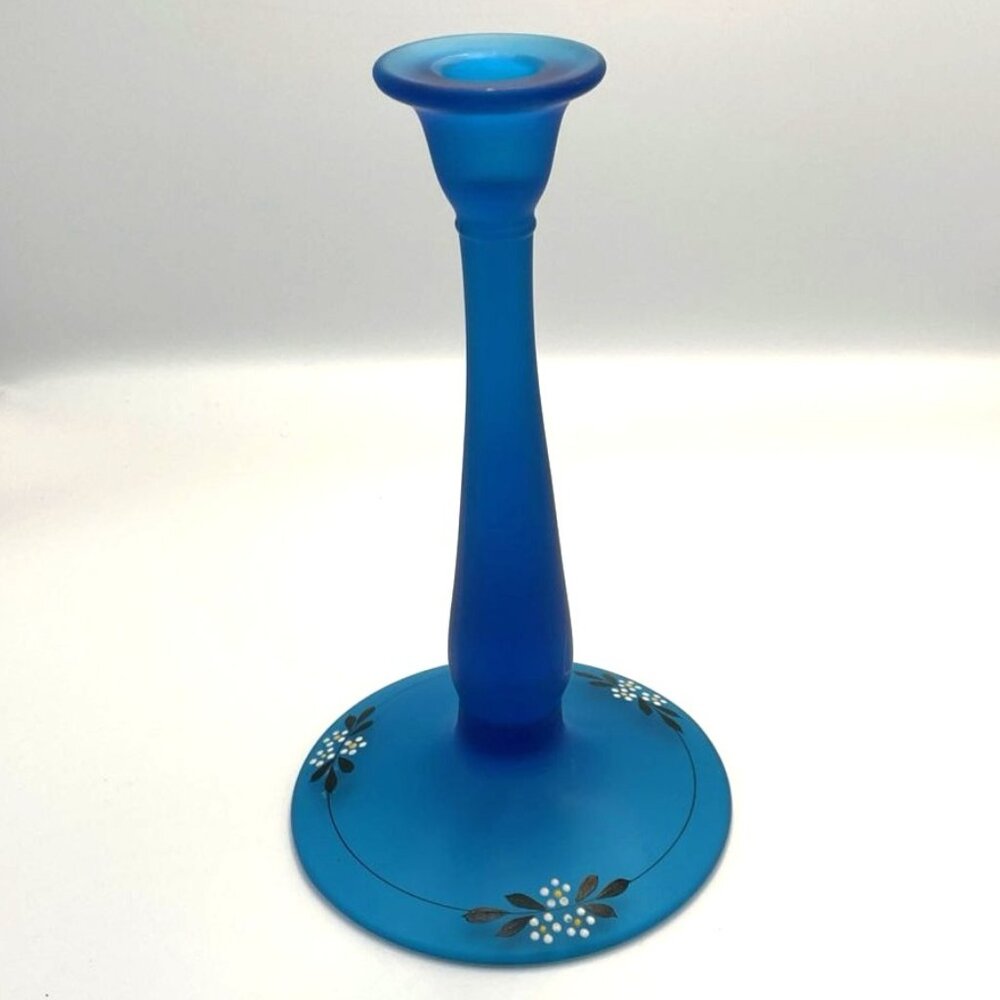 Vtg Westmoreland Blue Satin Glass Candle Holder‎ Hand Painted Floral Detail 9" H
